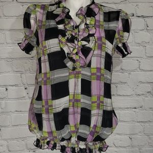 Maybe Black Cami Lined Sheer Ruffled Neck Top